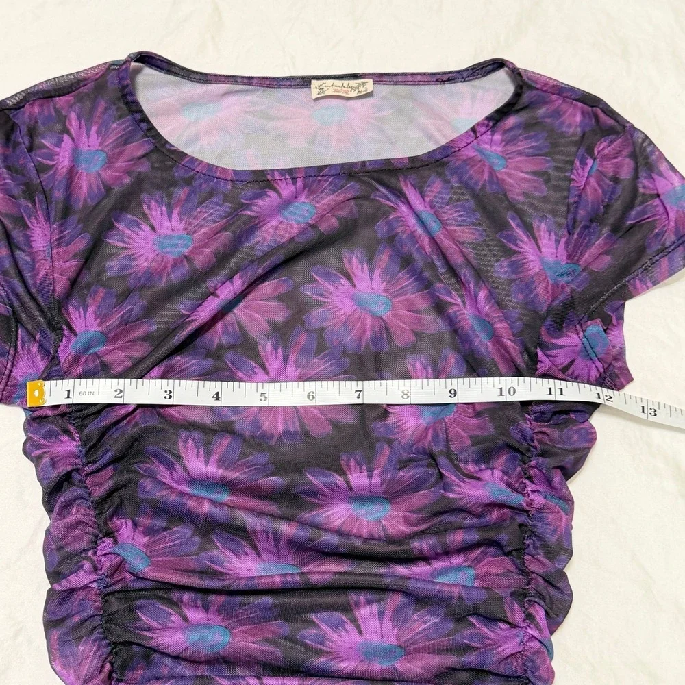 Intimately Free People Purple Floral Mesh Ruched Short Sleeve Top XS